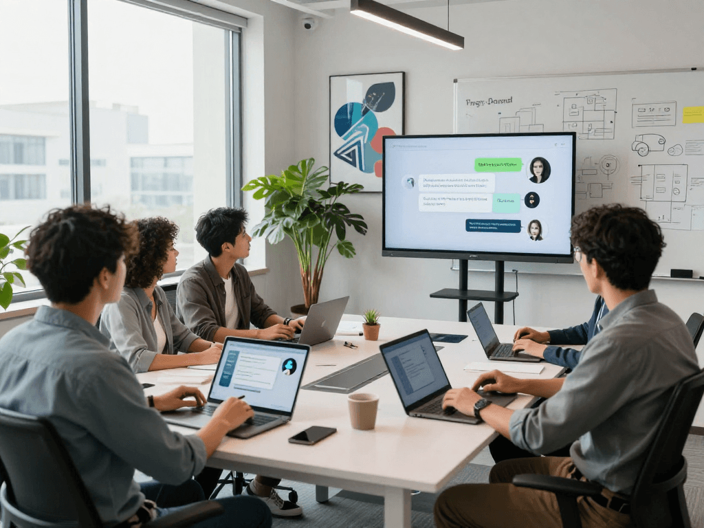 Diverse team using hot chat ai in modern workspace, brainstorming with tablets and smart displays.