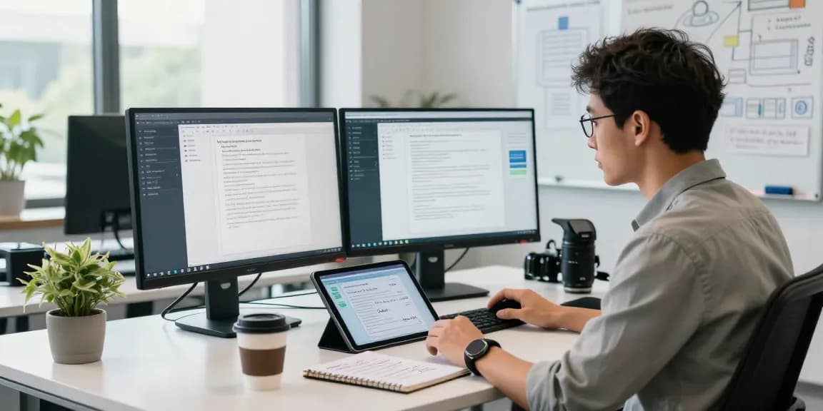 Focused analyst working on document fraud detection tools in a modern office, ensuring security and accuracy.