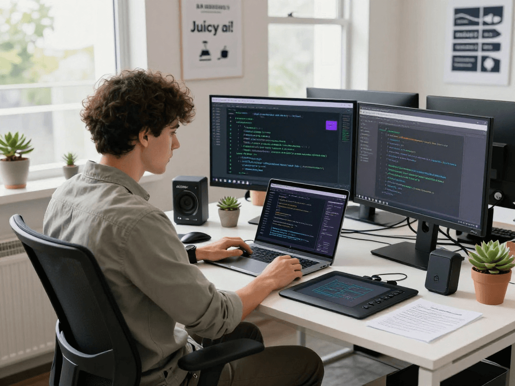 Focused software engineer developing Juicy ai algorithms in a tech workspace