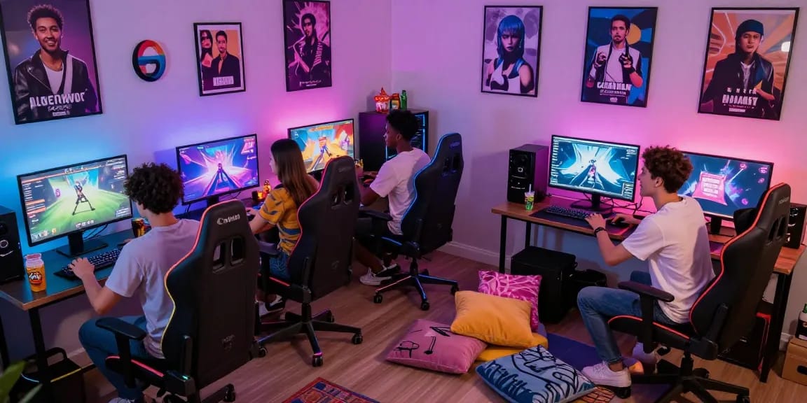 Friends playing gay porn games together in a vibrant gaming setup.
