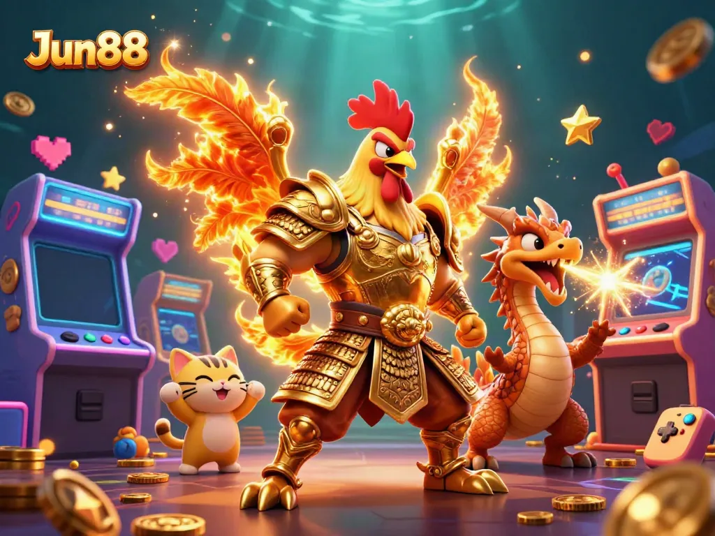 Experience excitement at Jun88 with this vibrant 3D illustration of a rooster warrior, dragon hatchling, and a fortune cat.