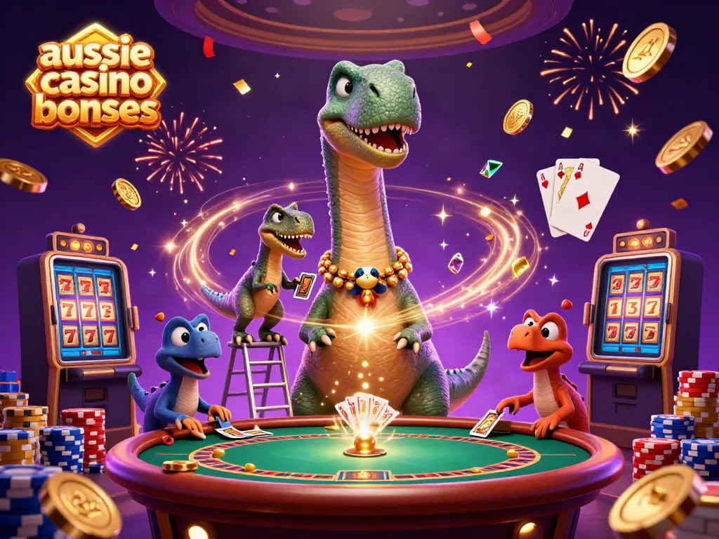 Dive into aussie casino bonuses with a playful brontosaurus in a vibrant casino scene