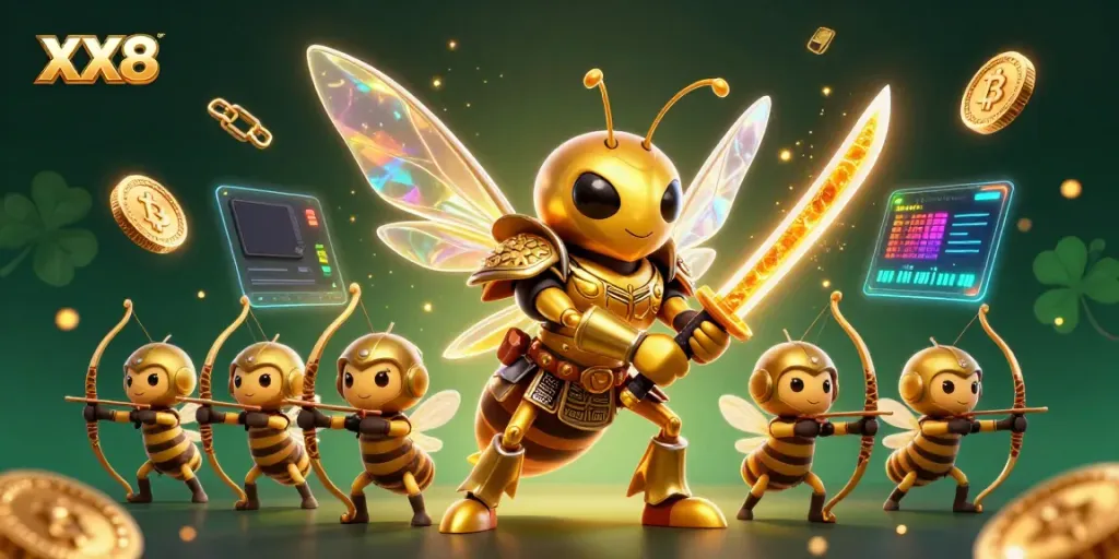 Engage with XX8's vibrant virtual casino, led by a samurai-hornet duo for thrilling gameplay.