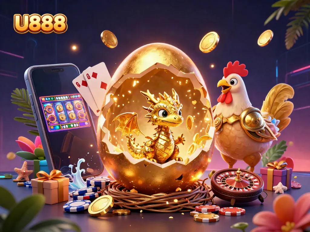 Spin to win at U888 with our vibrant casino scene featuring golden treasures and exciting games!