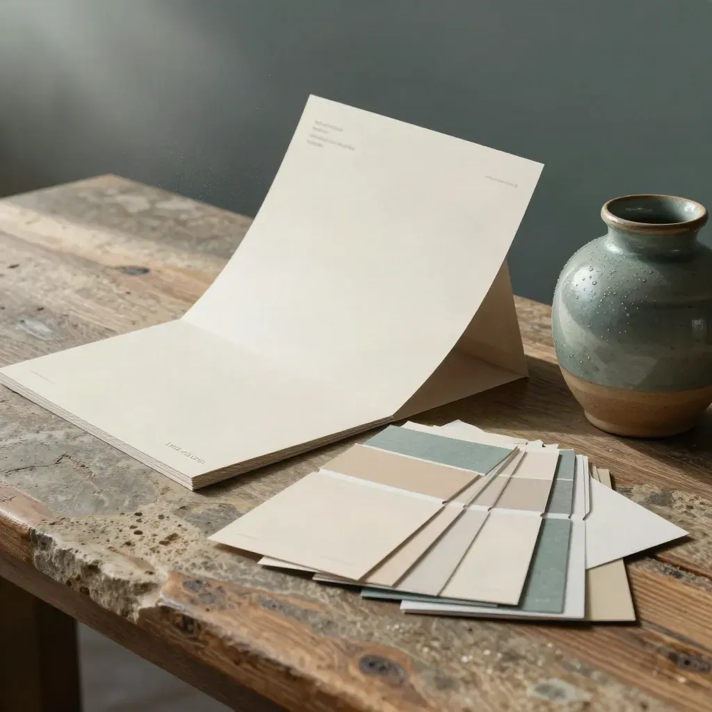 Tavolo d’atelier costiero con board identitari, mockup packaging e vaso ceramico in luce azzurra.