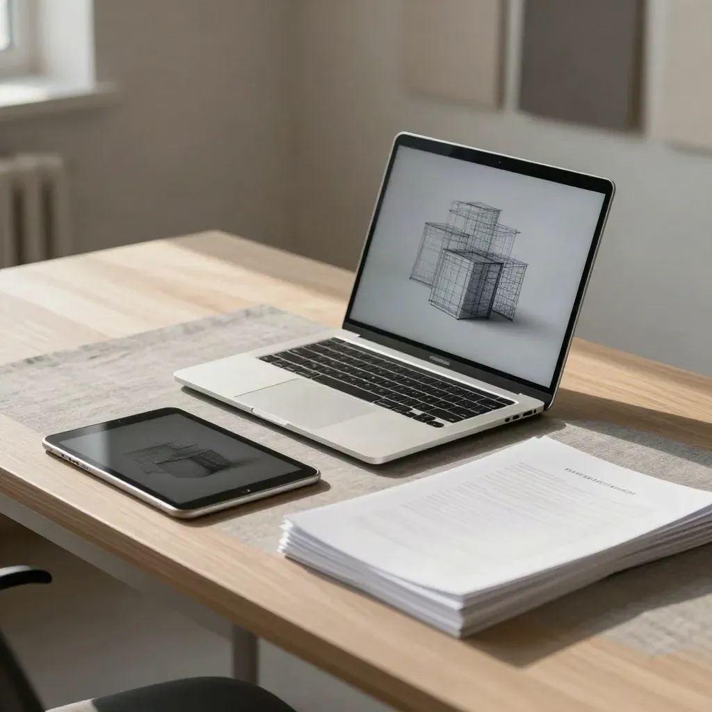 Laptop aperto, tablet sfocato e fogli di contenuto su tavolo creativo luminoso.