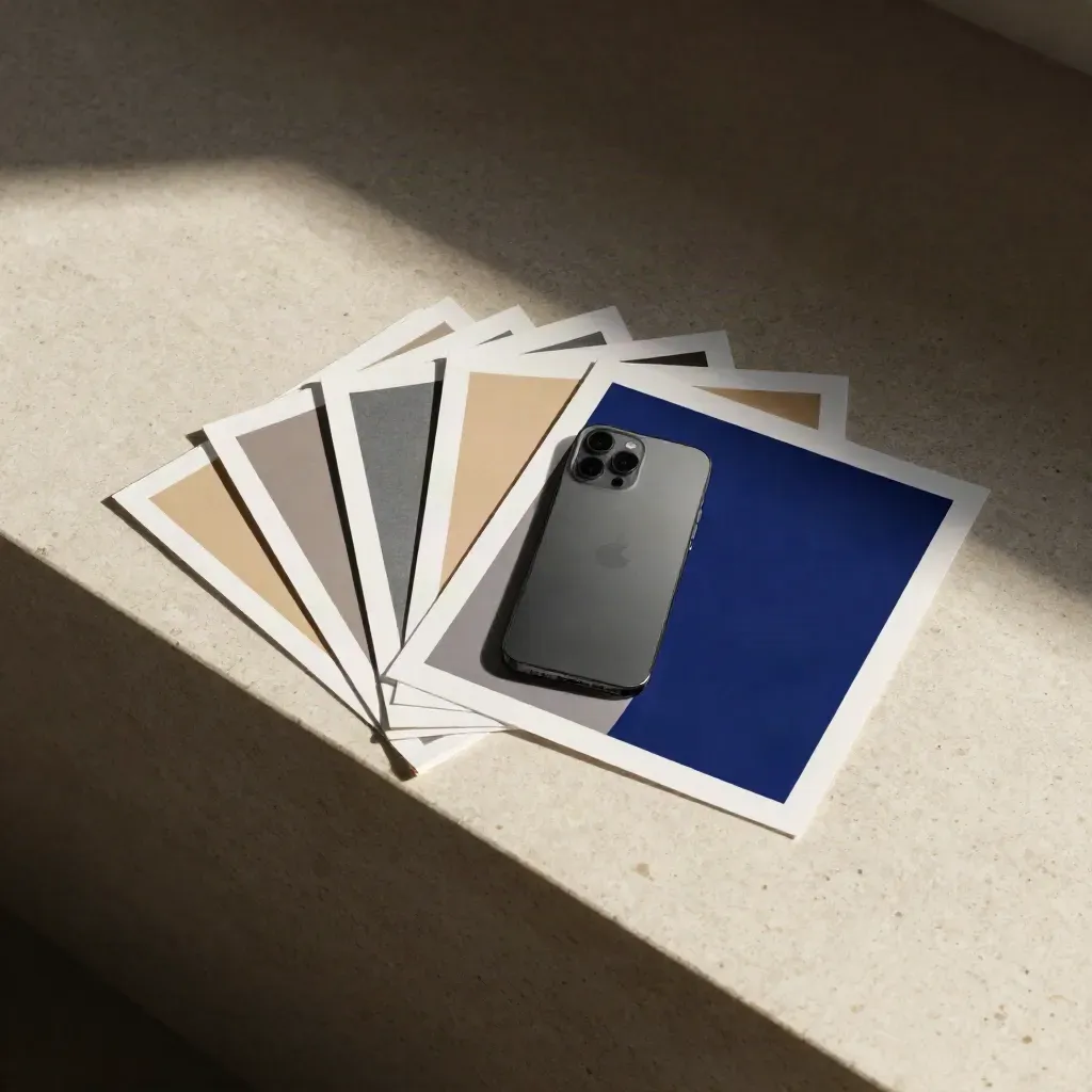 Mockup social su lastra chiara con telefono e ritagli di carta in movimento