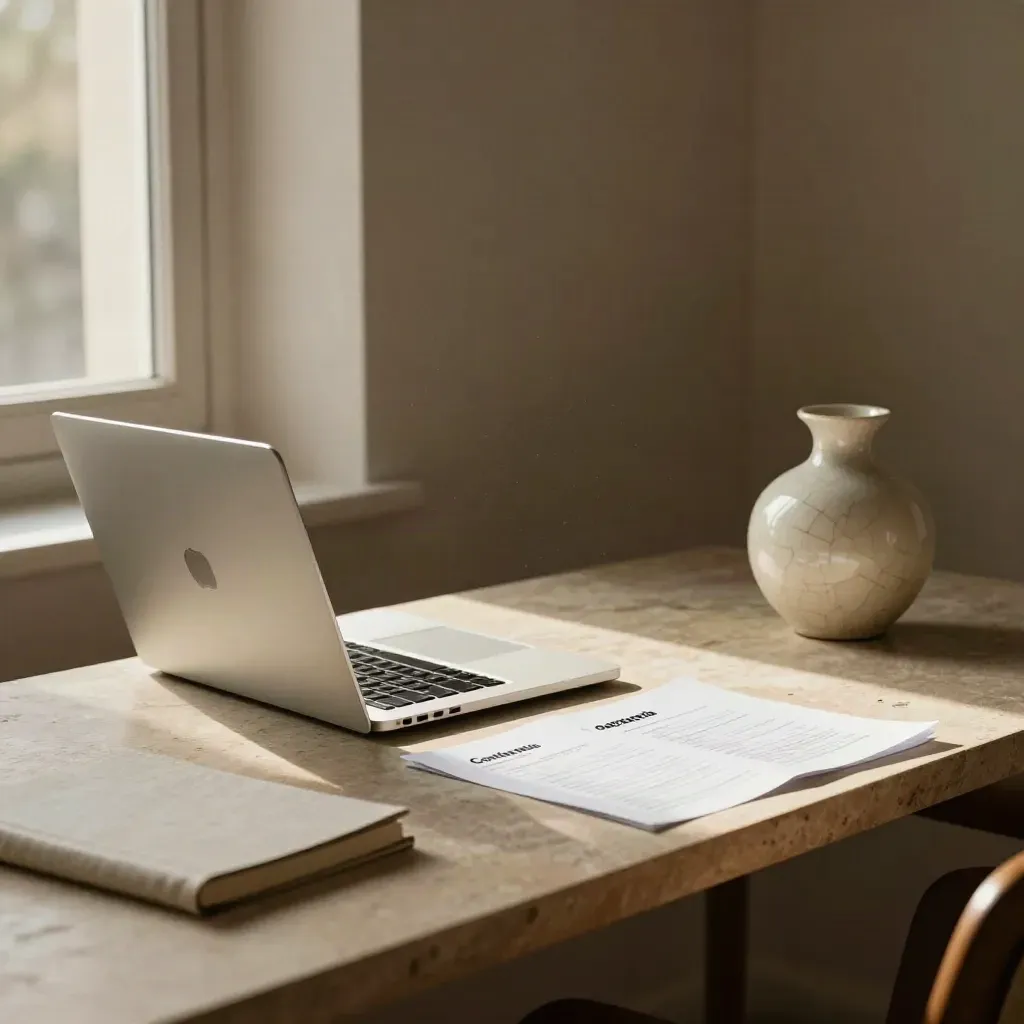 Laptop chiaro, piano contenuti capovolto, quaderno chiuso e vasetto su scrivania in luce pomeridiana.