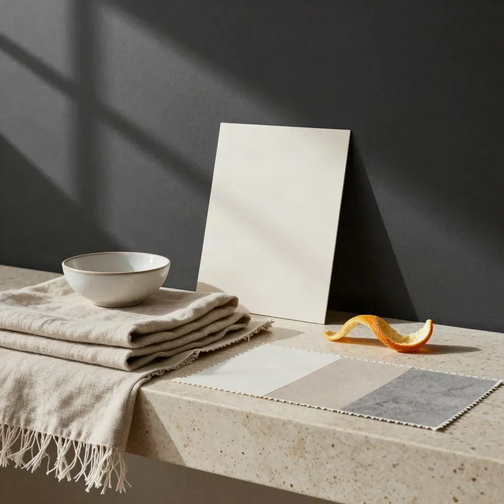 Angolo moodboard con tessuti, ciotola in ceramica e scorza d’arancia su fondo scuro.