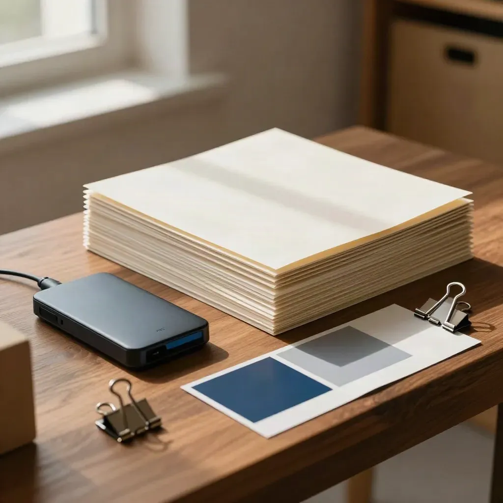 Cartelle, hard disk e prove colore su un ripiano in legno caldo, con luce morbida.
