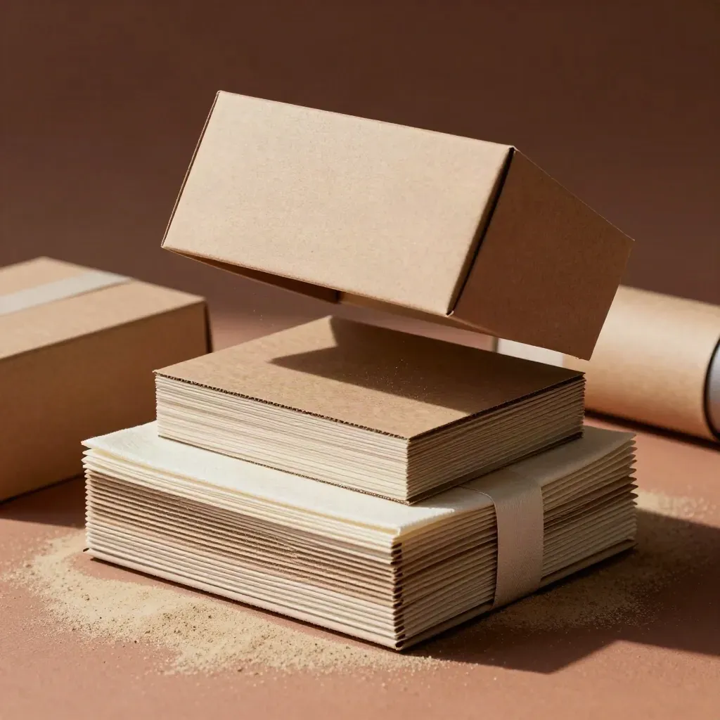 Scatole kraft, tubi e carta velina in un mockup packaging con luce radente.