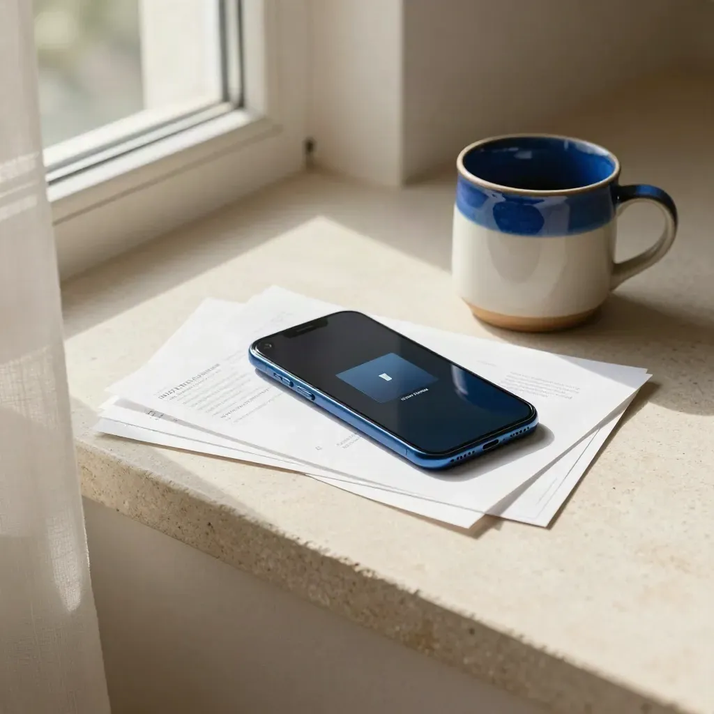 Telefono, stampe quadrate e tazza in ceramica su una mensola di pietra, con luce calda dalla finestra.