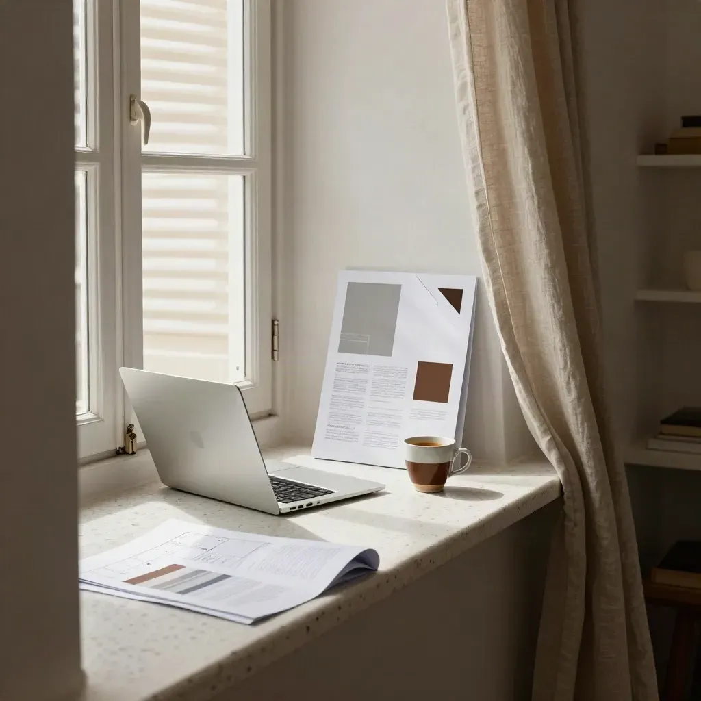 Angolo di studio bianco con laptop chiaro, tazzina e bozze carta in luce calda.