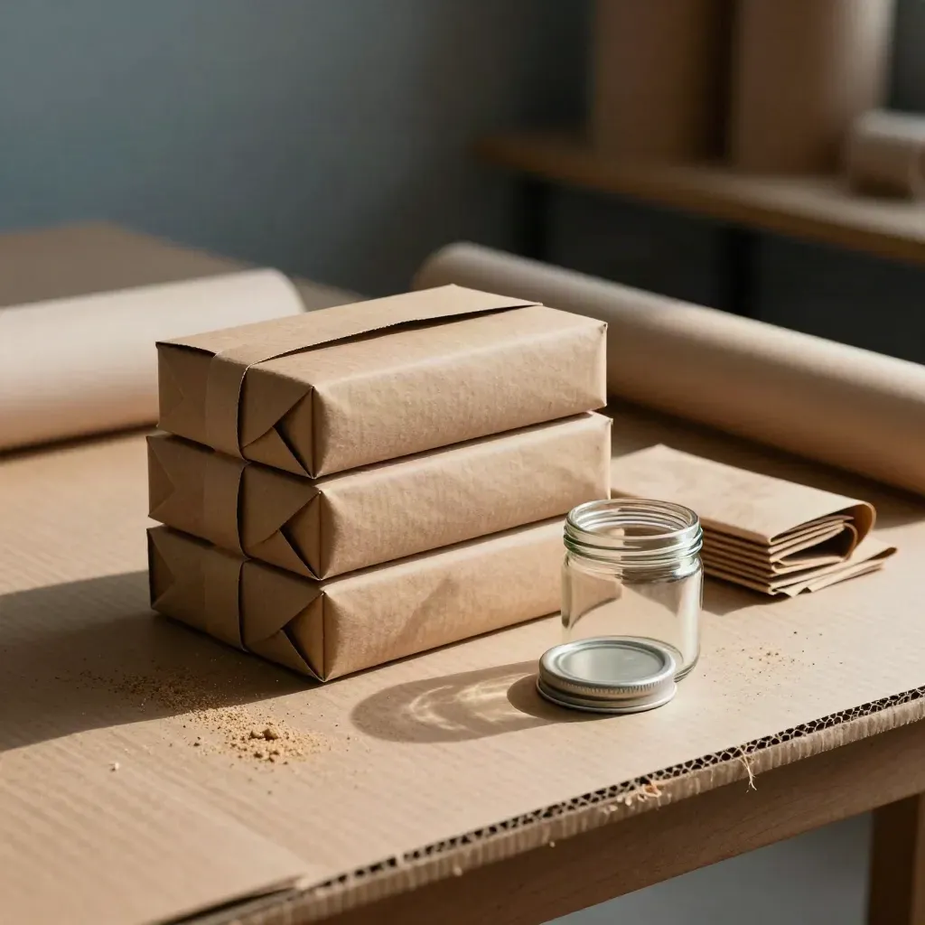 Scatole mockup in cartone kraft con barattolo di vetro su banco sabbia, luce radente e polvere di cartone.
