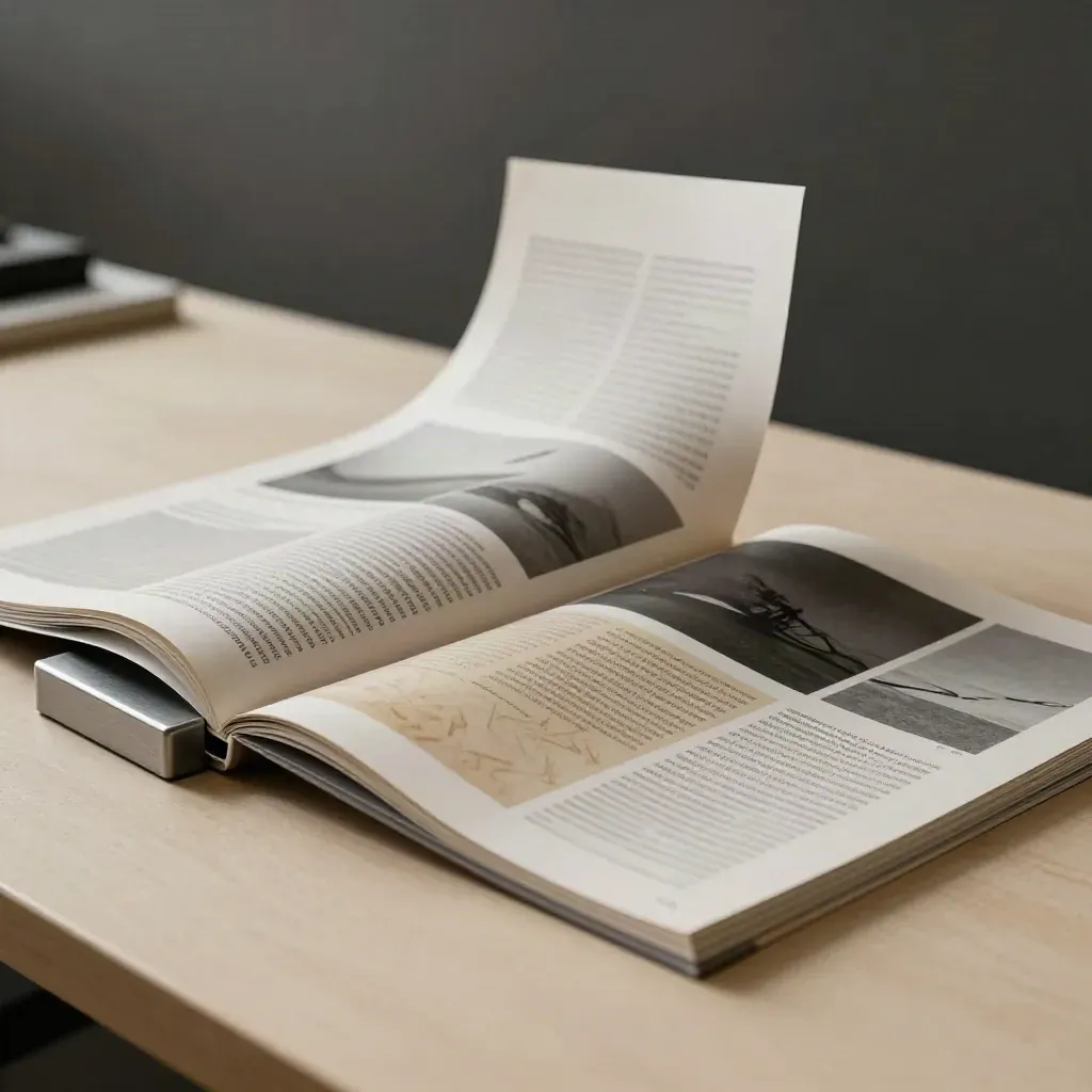 Fogli editoriali in piega su un lungo tavolo, con fermacarte metallico e luce drammatica.