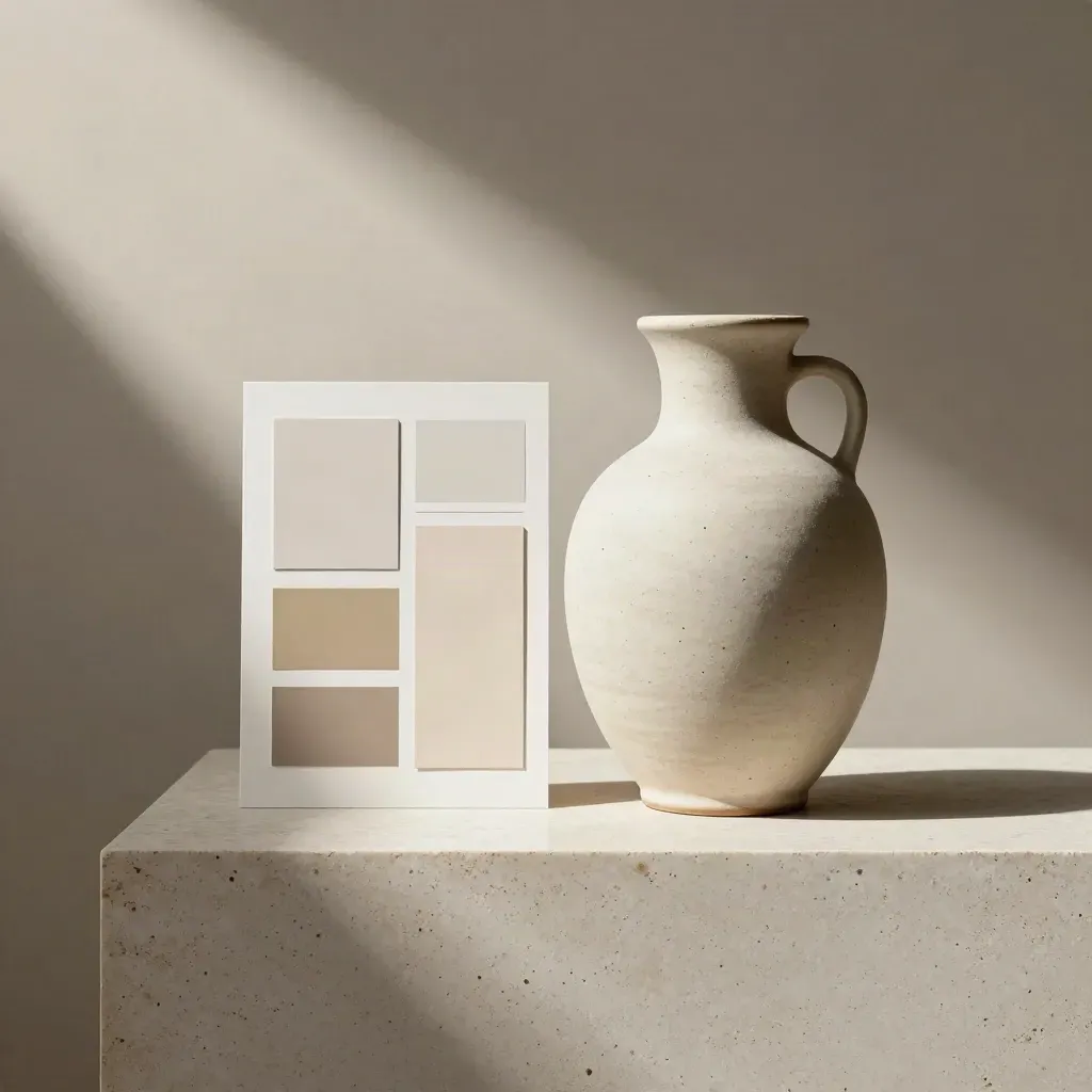 Cartoncino neutro, vaso ceramico e ombre nette in uno studio luminoso.