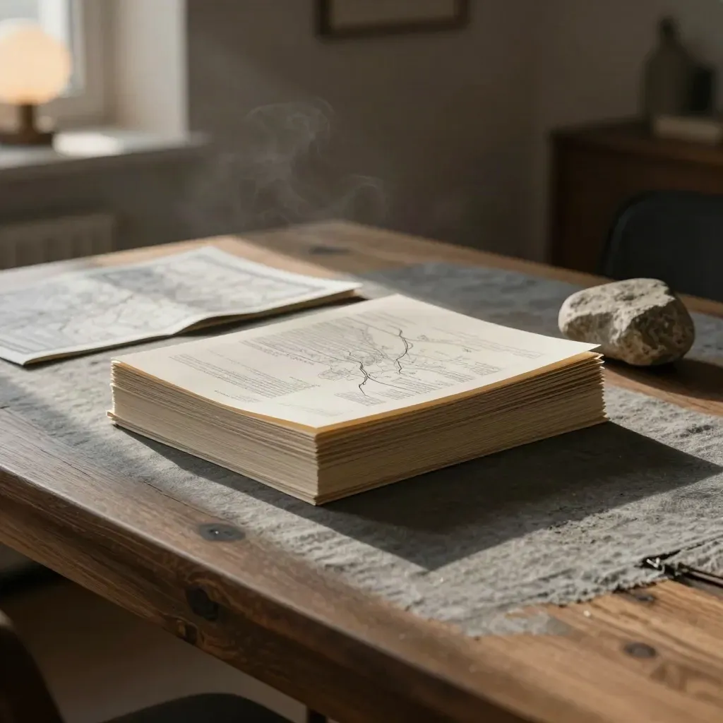 Pile di carte d’archivio, cornice neutra, mappa piegata e frammento scultoreo su tavolo in luce calda.