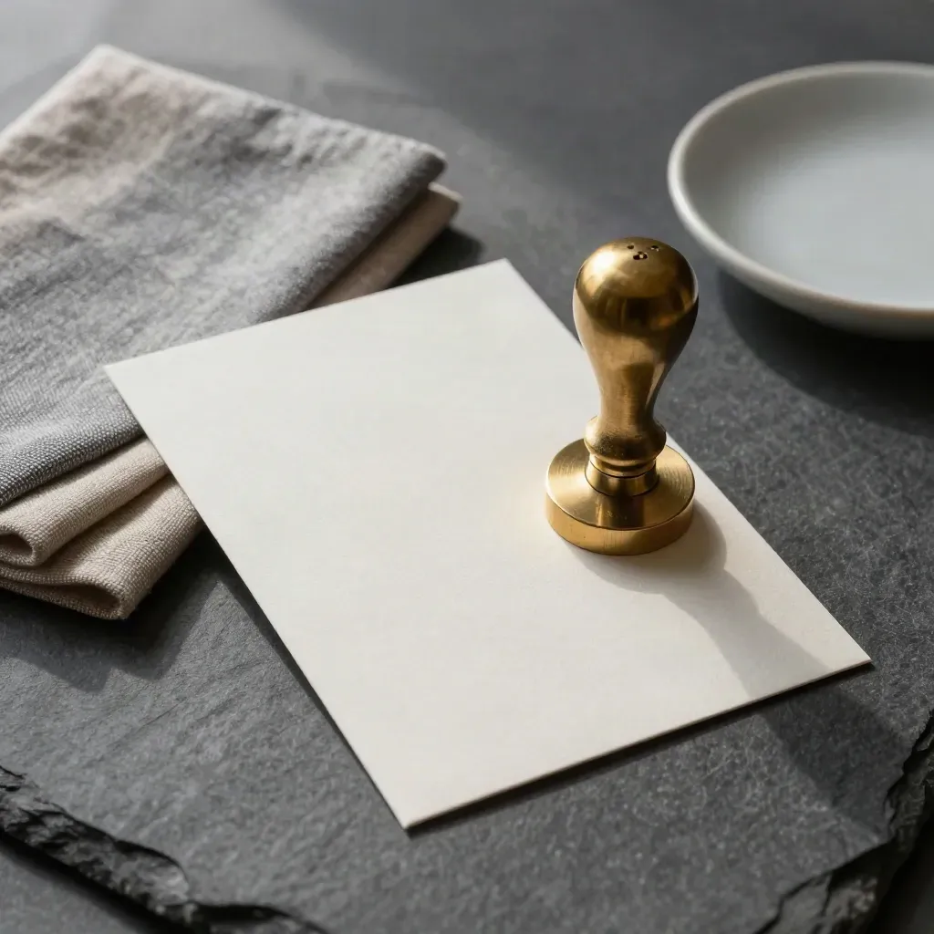 Sigillo in ottone su cartoncino goffrato con panni di cotone e ciotola in ceramica, luce morbida.
