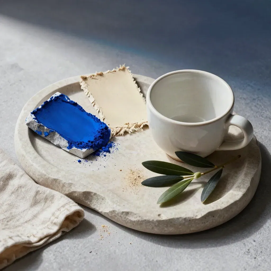 Vassoio di pietra con pietra blu, sabbia, tazza ceramica e rametto d’ulivo.