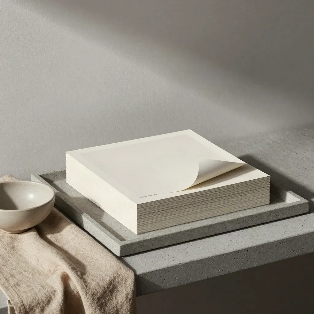 Mockup quadrati, vassoio in pietra, lino piegato e ciotola ceramica in luce morbida.