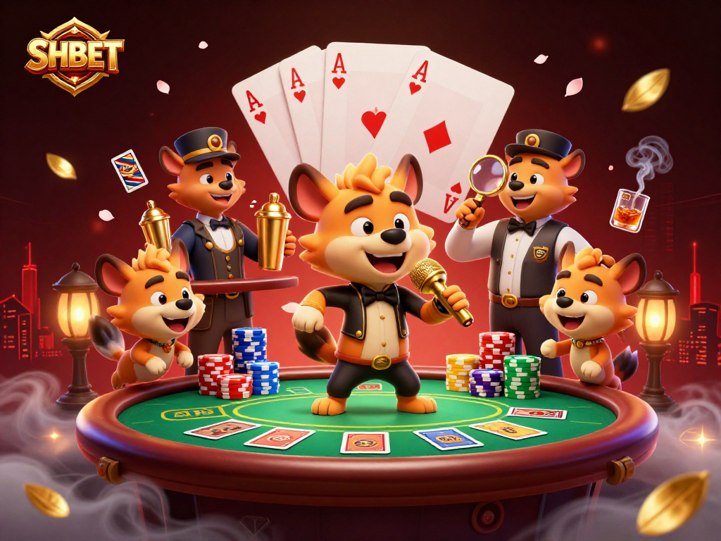 SHBET hyenas in a lively casino club illustrate vibrant gaming and comedy excitement.