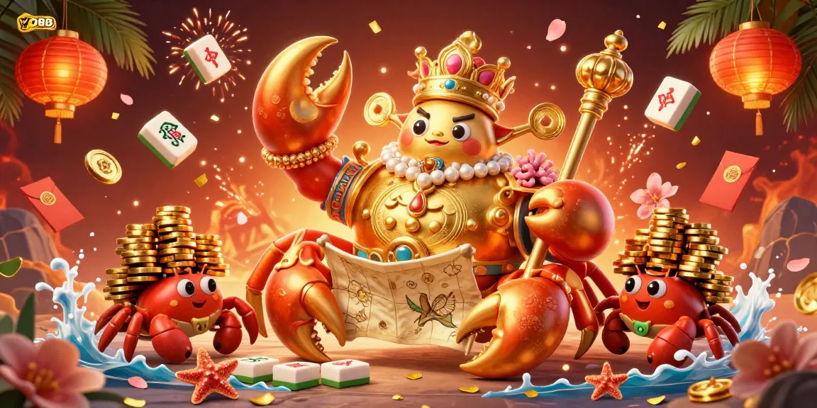 Engage with YO88's exciting gaming scene featuring a golden crab emperor and dynamic casino elements.