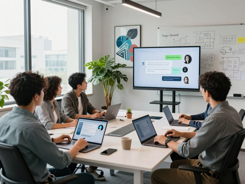 Diverse team using hot chat ai in modern workspace, brainstorming with tablets and smart displays.