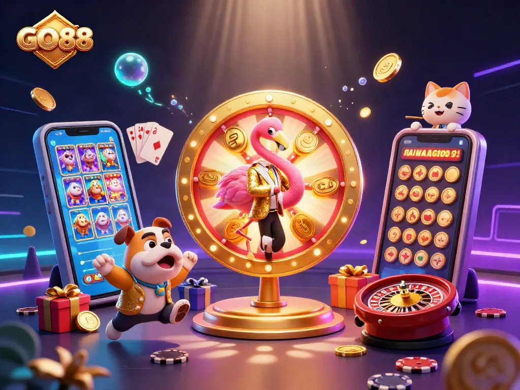 Engage in exciting GO88 gaming with vibrant slot reels and fun characters in a dynamic casino scene.