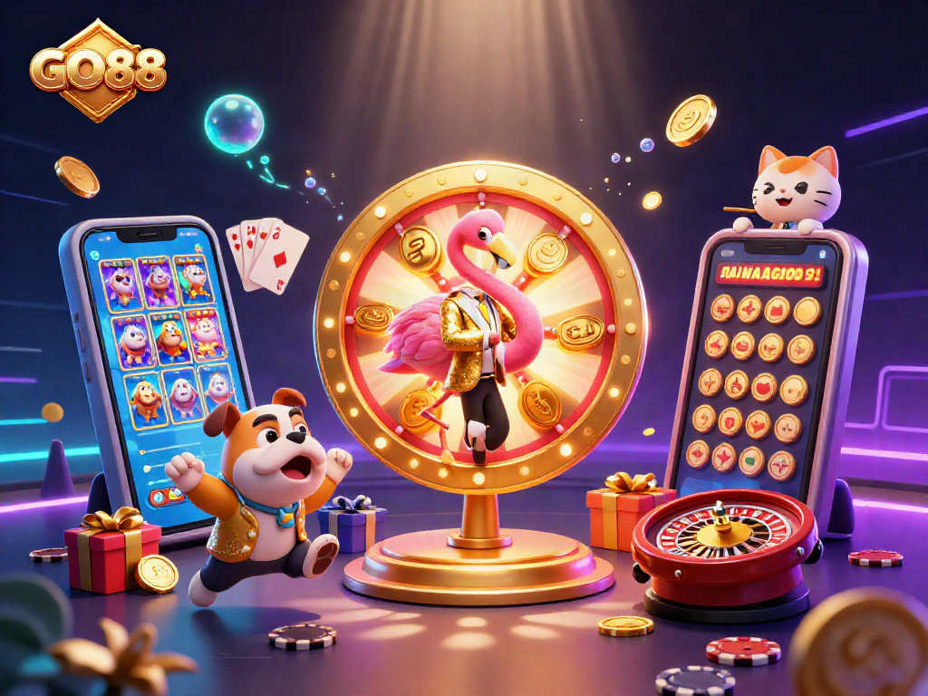 Engage in exciting GO88 gaming with vibrant slot reels and fun characters in a dynamic casino scene.