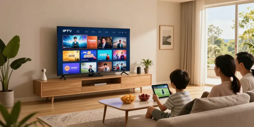 Family enjoying test IPTV experience in a modern living room with smart TV.