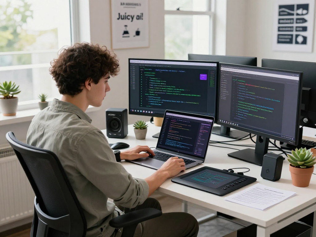 Focused software engineer developing Juicy ai algorithms in a tech workspace