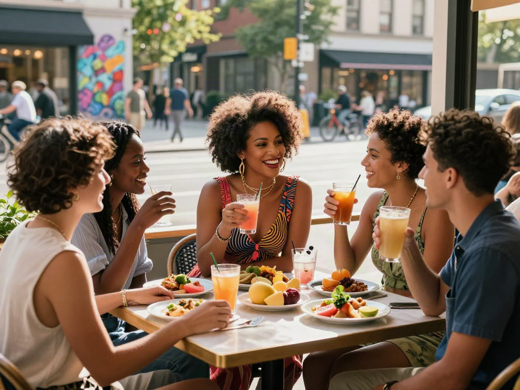 Stylish transgender woman socializing in a vibrant urban café, embodying קוקסינליות במרכז.